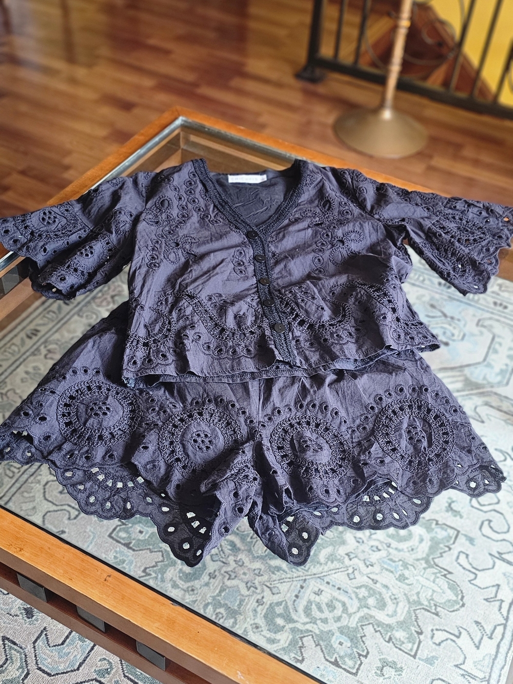 Lace Eyelet V-Neck Blouse & Scalloped Short Set - Navy